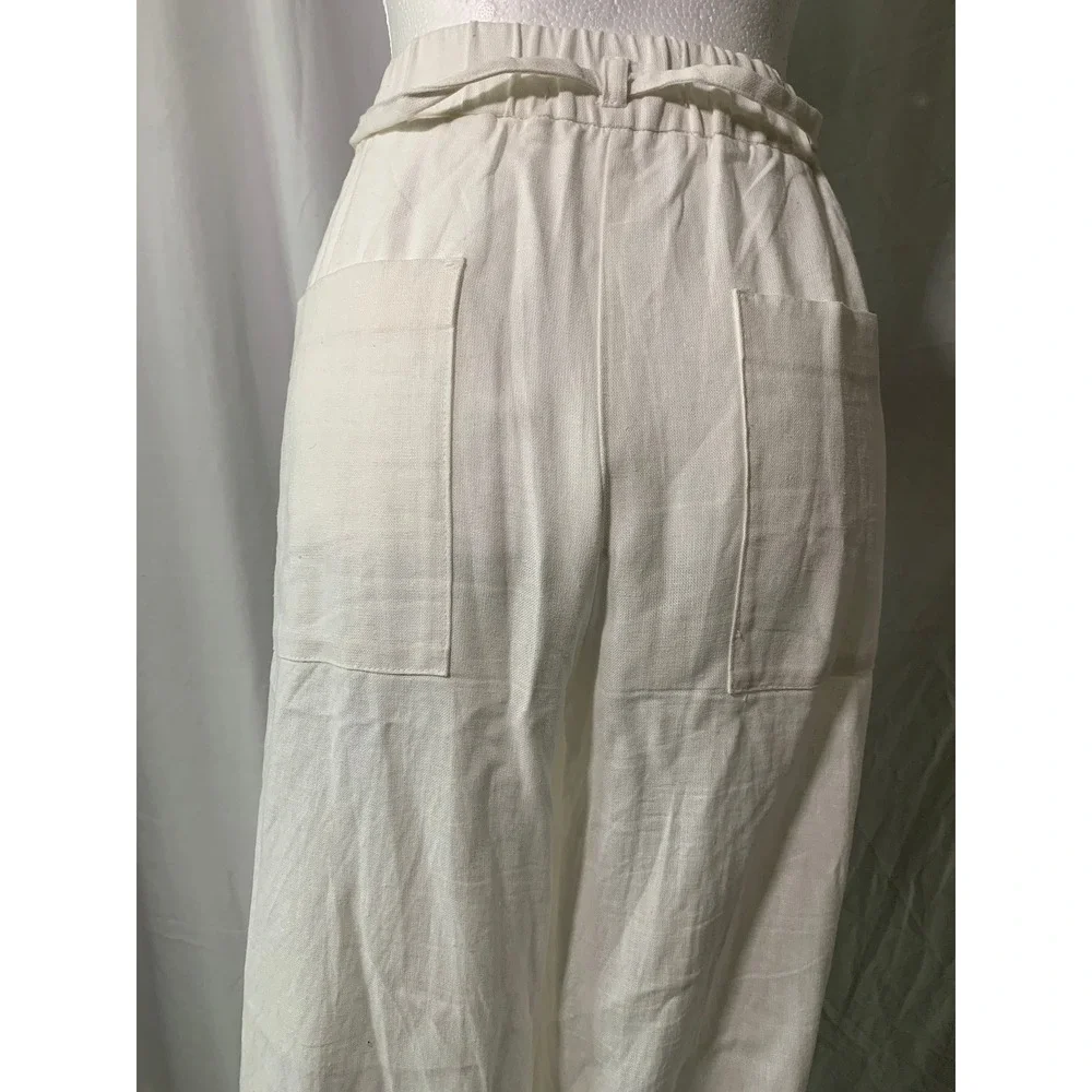 Zara White Linen Blend High Waisted Wide Leg Tie Belt Trousers Pants Large